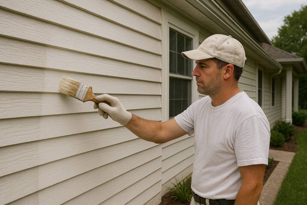 Professional painter applying fresh exterior paint to a home's siding to restore curb appeal and surface protection.