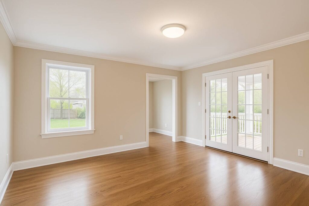 Freshly painted living room with neutral tones and crisp white trim highlighting the clean finish of interior painting services.