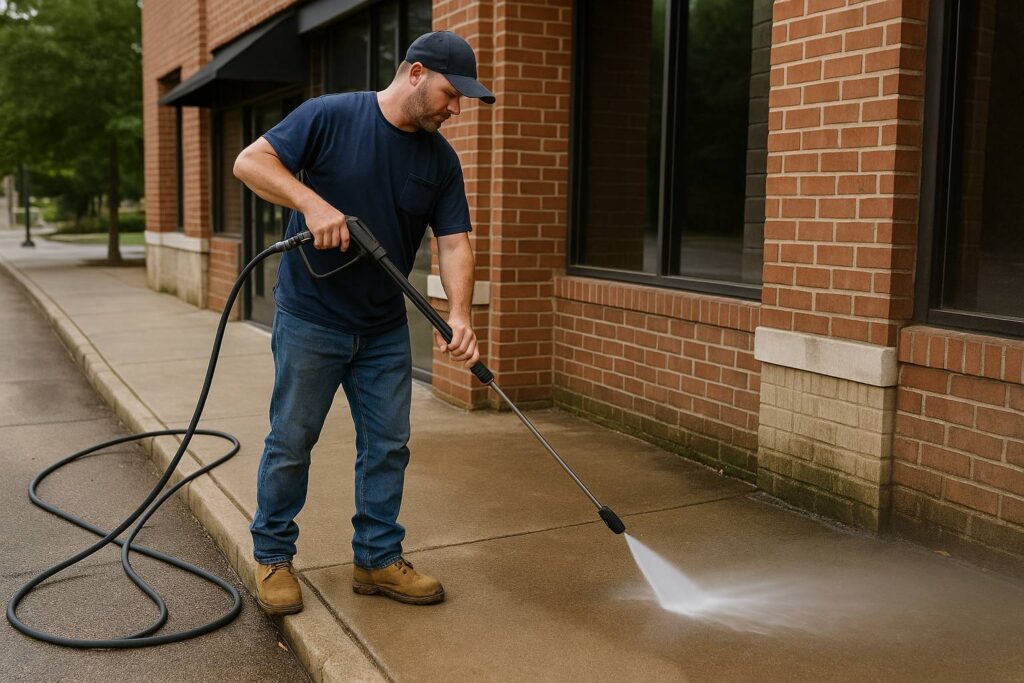 Technician using a power washer on a sidewalk outside a business in Leavenworth, KS.