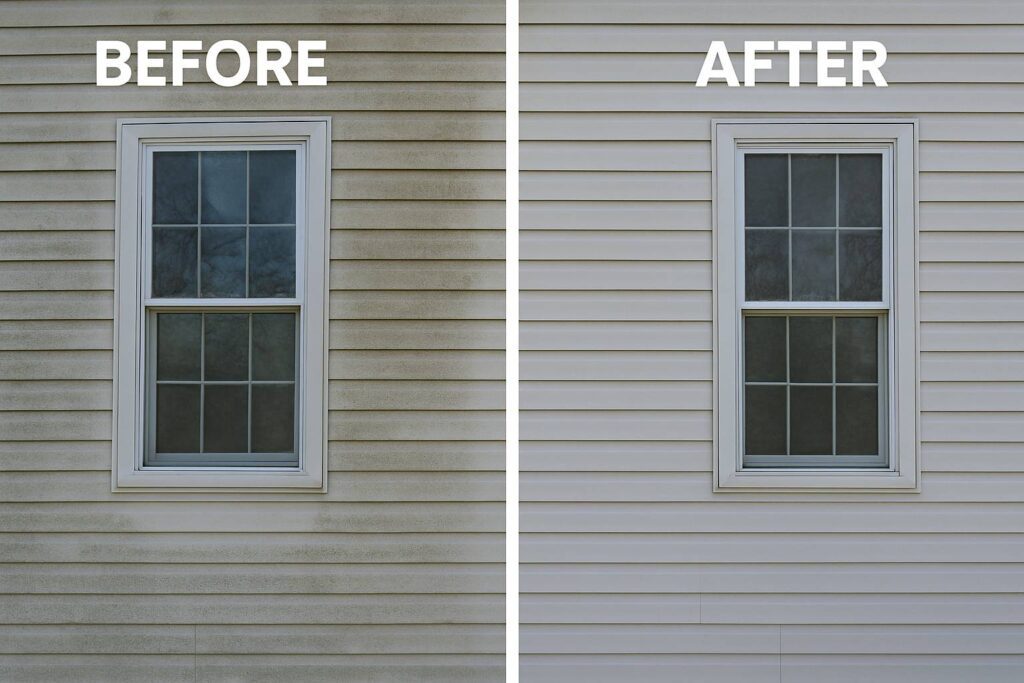 Before and after photo showing cleaner siding after power washing.