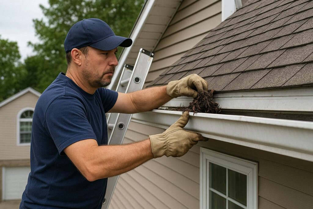 Technician cleaning clogged gutters on a two-story home in Leavenworth, KS.