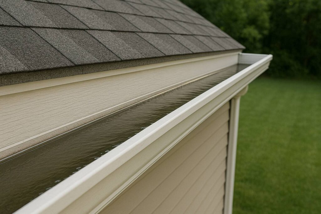 Clean, debris-free gutter showing proper water drainage after professional service.